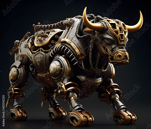 Powerful brass plated armor and enormous steam exhausts are part of a steampunk robot bull s design. Generative AI