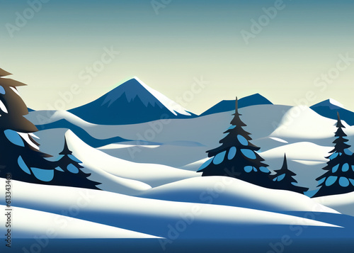 abstract cartoon style scenery of snowy mountains created with generative ai technology