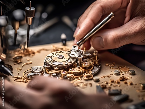 view of a watchmaker s hands closely building a timepiece s complex gears. Generative AI