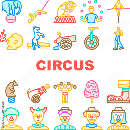 circus carnival vintage show icons set vector. retro tent  poster red  fair frame  old party  theater entertainment  label art circus carnival vintage show color line illustrations
