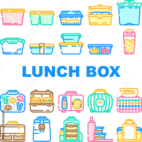 lunch school food box lunchbox icons set vector. snack meal, sandwich healthy, container, apple bag, kid children plastic fruit green lunch school food box lunchbox color line illustrations