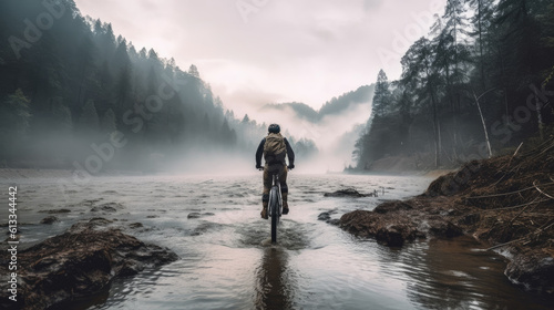 Man cycling mountain bike in river. Generative AI