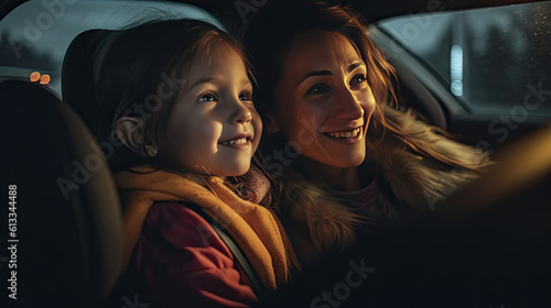 Mother and daughter inside car. Generative AI