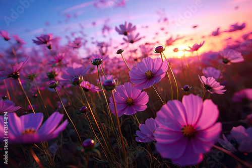 Sunset field with purple cosmos flowers. Generative AI