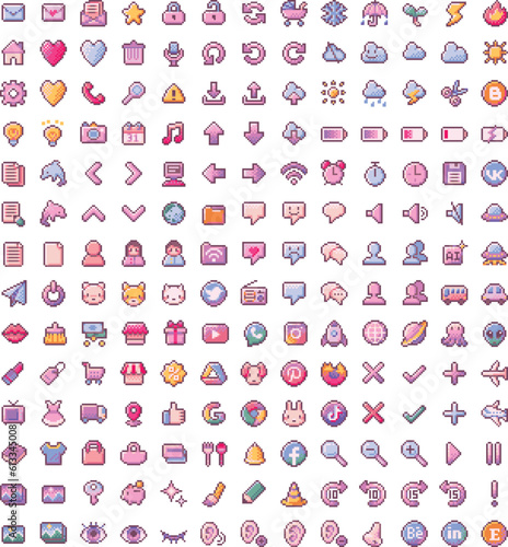 182個の懐かしい可愛いドット絵Pixel Artのアイコンセット