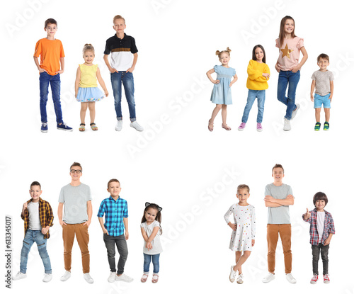 Collage with different groups of cheerful children on white background