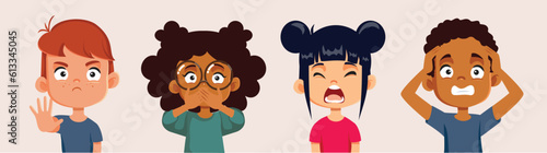 Unhappy Children feeling Desperate Vector Cartoon Set of Characters. Kids having a tantrum crisis suffering from sensory overload and exhaustion
