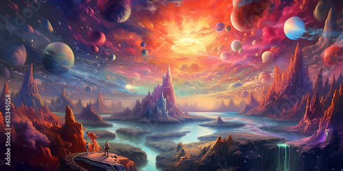 Fantasy Cosmic Landscapes: Abstract Painting of Distant Planets and Space - Mind-Bending Murals in Red and Purple - Detailed World-Building - UHD Image