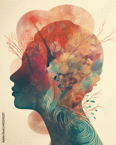 Conceptual image of a person's head made out of nature elements. Generative AI.