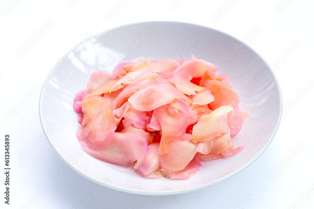 Sushi ginger, Sliced pink pickled young ginger Sushi ginger, Sliced pink pickled young ginger