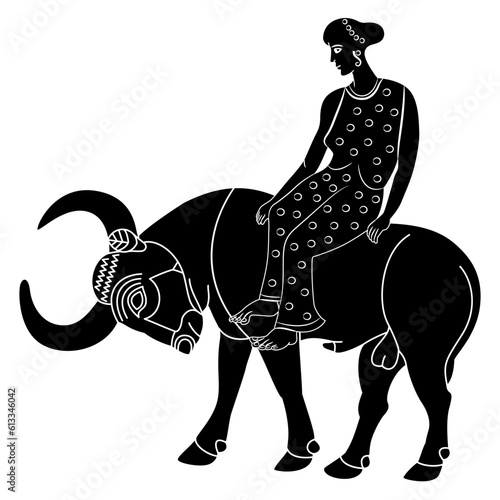 The Rape of Europa. Ancient Greek mythology. Pretty girl siting on a bull. God Zeus. Black and white silhouette.