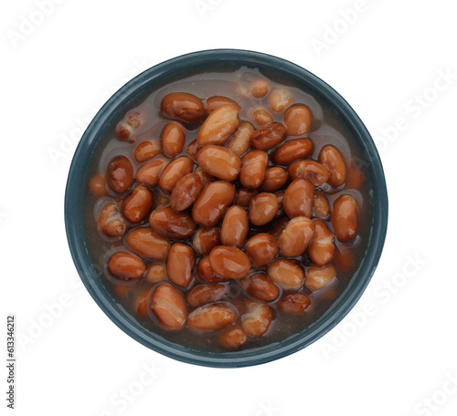 Bowl of canned kidney beans on white background, top view