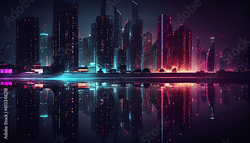 Night city neon lights of the metropolis. Ai generated image