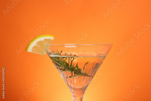 Martini glass of refreshing cocktail with lemon slice and rosemary on orange background, closeup photo