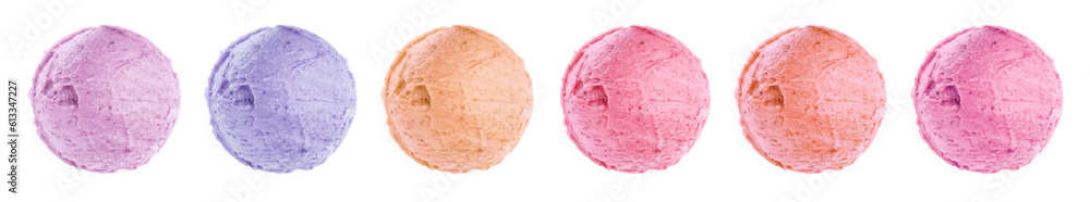 Set of ice cream scoops of different colors and flavors isolated on white, top view Set of ice cream scoops of different colors and flavors isolated on white, top view