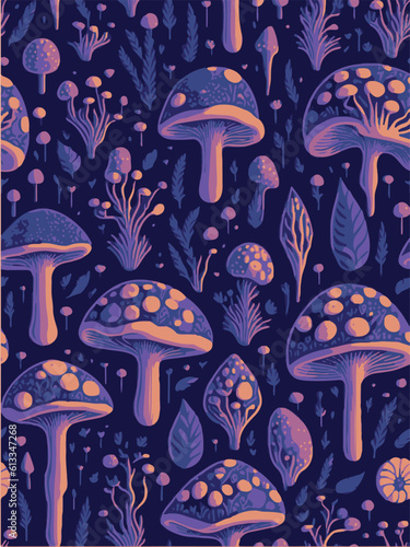 Floral Hippie Mushrooms Summer Groovy Flower Power vector seamless pattern. Boho retro colours whimsical fly agaric dark background fungus surface design. Hippie mushroom poster pattern.
