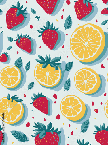 Seamless pattern with lemon and strawberry. Vector illustration for printing on postcards, clothes, posters, banners, labels, stickers, fabric, packaging paper. 
