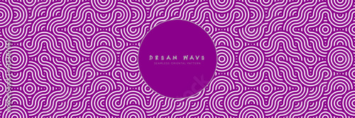 Oriental Circle Wave Seamless Pattern. Purple Gradient Mandala Patterns in a Decorative Asian Style, Ideal for Vibrant Summer Graphics.