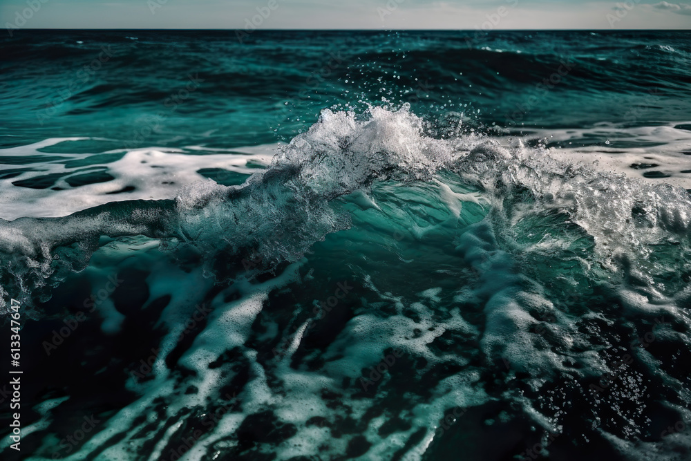 Obraz premium Ocean wave breaking in the middle of the ocean, IA generativa
