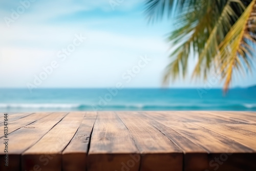 Empty wooden table with out-of-focus paradise beach background, IA generativa