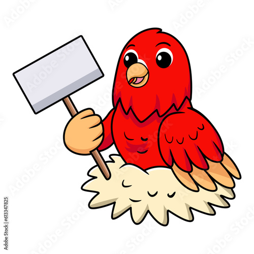 Cute red suffusion lovebird cartoon holding blank sign