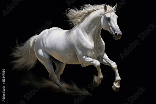 Elegant white horse running on black background