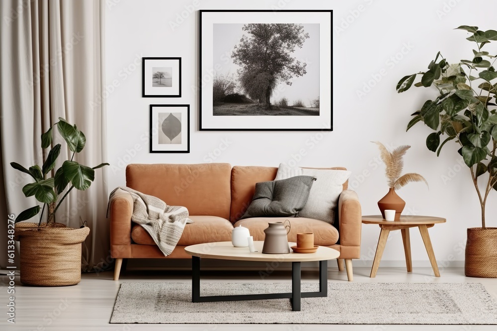 Fototapeta premium Cozy living room interior with mock up poster frame