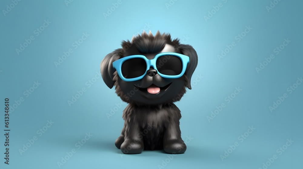 A 3D rendered dog character wearing black sunglasses with a plain background. Generative AI