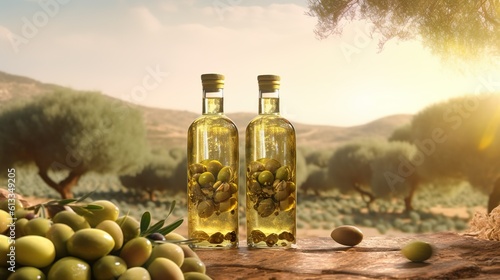 Golden olive oil bottles with olives leave