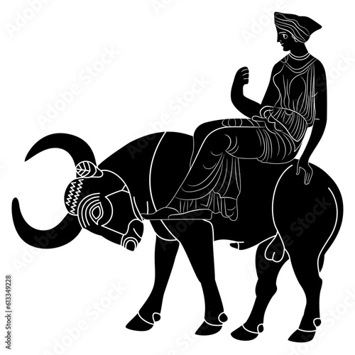 The Rape of Europa. Ancient Greek mythology. God Zeus as a bull carrying a pretty girl. Black and white silhouette.