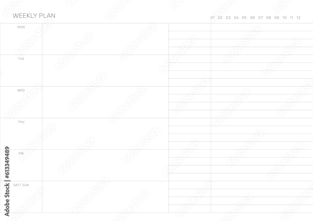 A weekly plan design template in a modern, simple, and minimalist style. Note, scheduler, diary, calendar, planner document template illustration. A weekly plan design template in a modern, simple, and minimalist style. Note, scheduler, diary, calendar, planner document template illustration.