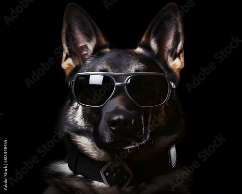 A police dog wearing sunglasses, in the style of law enforcement. Generative AI © Baharudin