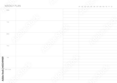 A weekly plan design template in a modern, simple, and minimalist style. Note, scheduler, diary, calendar, planner document template illustration.