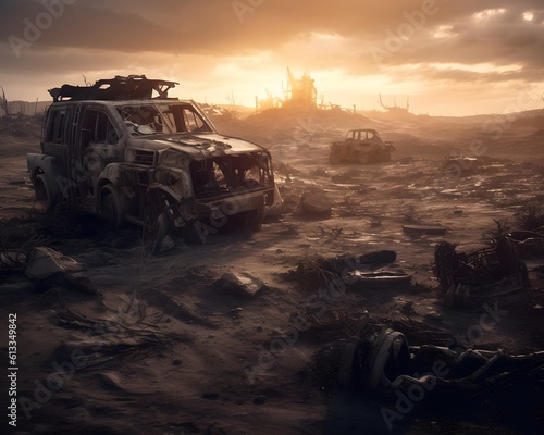 A wreckage of war vehicles amidst a desolate landscape, in the style of post apocalyptic art. Generative AI