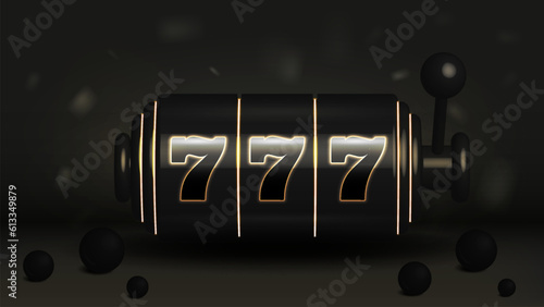 Black and gold bright shiny neon slot machine with three sevens for casino games. Banner for the website.