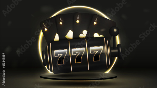 A banner with black gold cards and a casino slot machine on a glossy podium with a bright neon frame. The concept for a website for poker games.