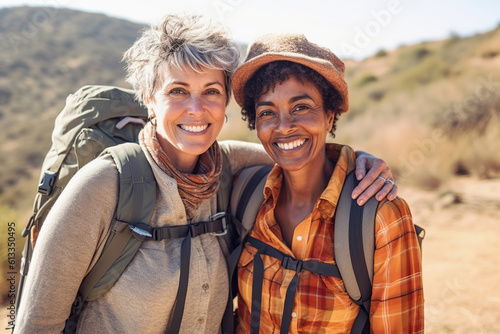 Active middle aged interracial lesbian couple hiking outdoors. Generative AI