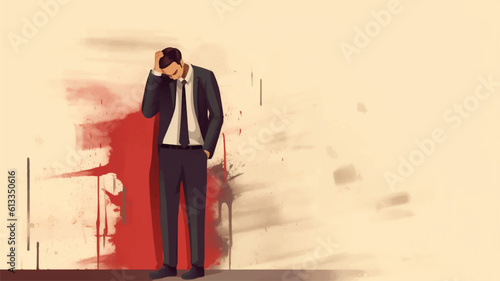 Business illustration of Businessman leaning his forehead against wall, regret concept, business failure, stupid mistake. photo