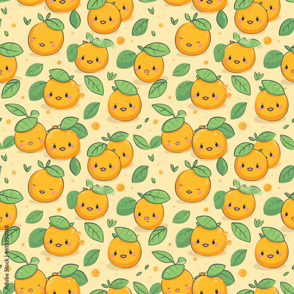 Cartoon seamless pattern with cute funny oranges on yellow background. Generative AI. Cartoon seamless pattern with cute funny oranges on yellow background. Generative AI.