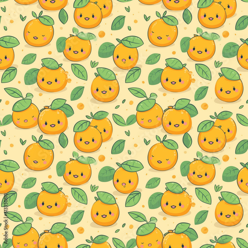 Cartoon seamless pattern with cute funny oranges on yellow background. Generative AI.