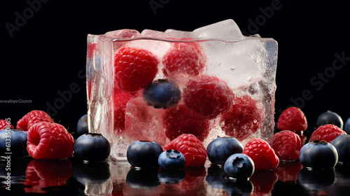 4th of July Themed Cocktail or Beverage Ice in Patriotic American Red, White, and Blue - Close Up On Black Background - USA Flag Inspired Fruits - Memorial Day, Veterans Day, Flag Day - Generative AI
