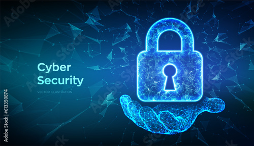 Lock. Cyber security. Padlock With Keyhole icon in hand. Protect and Security or Safe concept. Illustrates cyber data security or information privacy idea. Low polygonal vector Illustration.