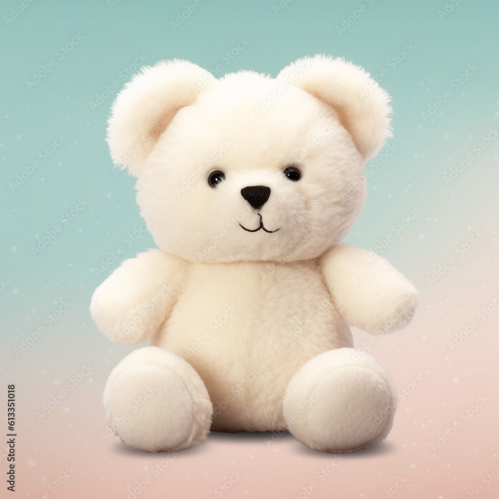 Cute tiny white Teddy bear on a color background with space for your text. Plush toy on color background, 3d render. Children's toys concept. Children's cute blue toy, 3d illustration. AI generated Cute tiny white Teddy bear on a color background with space for your text. Plush toy on color background, 3d render. Children's toys concept. Children's cute blue toy, 3d illustration. AI generated