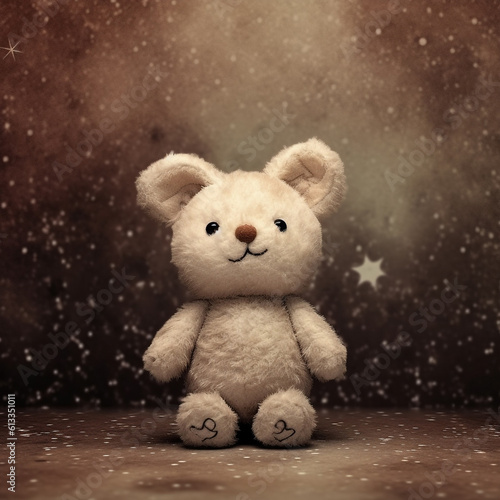 Cute teddy bear on a dark background with snowflakes. Handcrafted cute toy. Teddy bear on grunge background with stars and snowflakes. Children's toys. AI generated