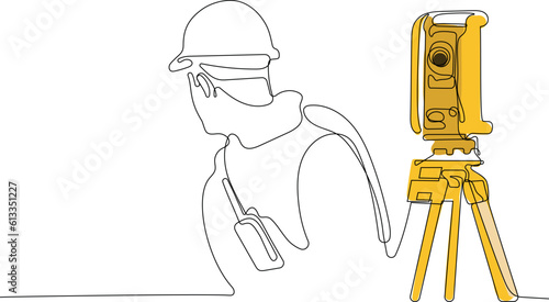 Close up of Caucasian worker with helmet on head using tablet for work while standing in warehouse. Surveyor with a tripod icon. Geodesic tripod. Vector illustration
