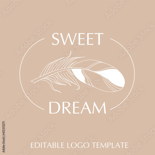 Elegant feather logo. Stylish modern minimalistic logo. For sleep products, mattresse, pillow, relaxing treatments, beauty industry, yoga.