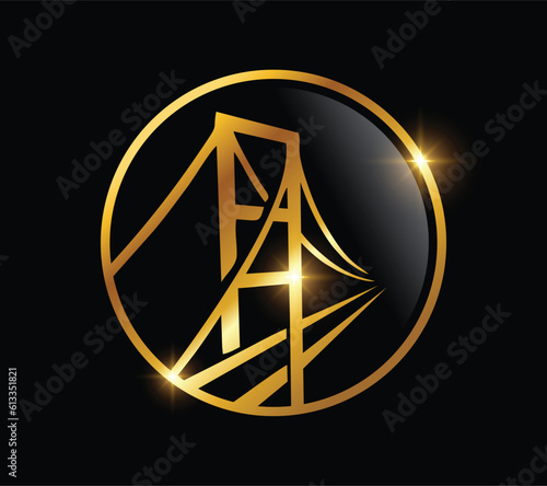 A vector Illustration of Golden Bridge Logo Vector Icon in black background with gold shine effect