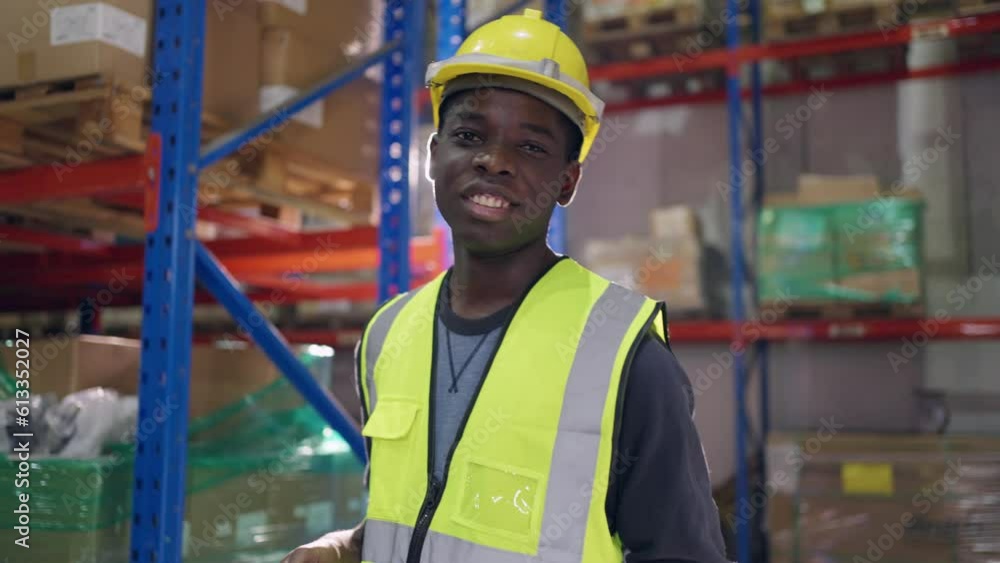 Portrait of African man industry worker working in factory warehouse. Portrait of African man industry worker working in factory warehouse.