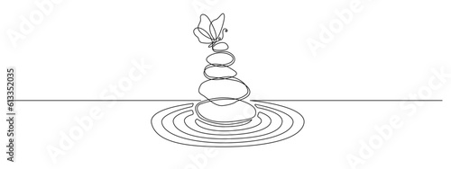 Pebbles with butterfly in one continuous line drawing. Zen Balance and meditation soul in simple linear style. Spa wellness and massage salon editable stroke. Doodle vector illustration