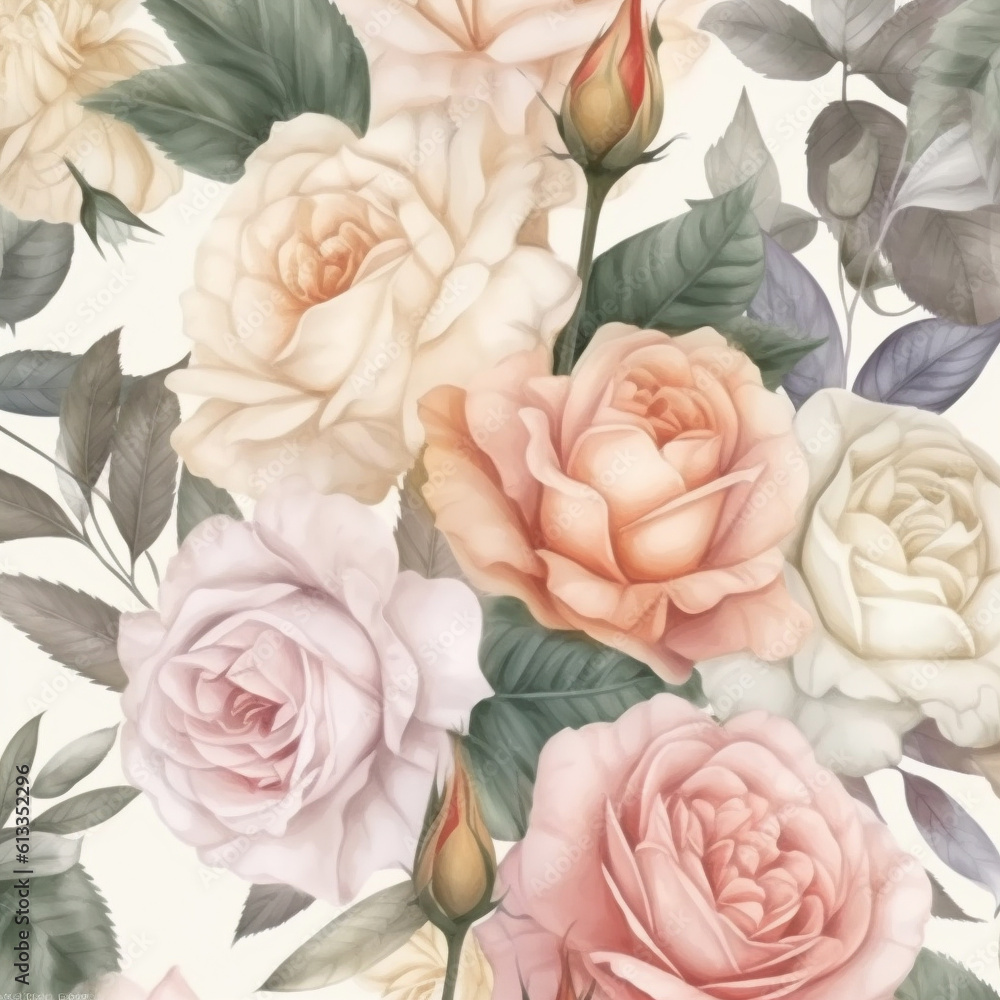 Watercolor style illustrated bunch of roses on white background. Created with Generative AI technology